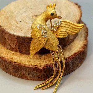 "Real" Art-Deco Gold Gilded & Rhinestone Mocking Bird Chain Tail